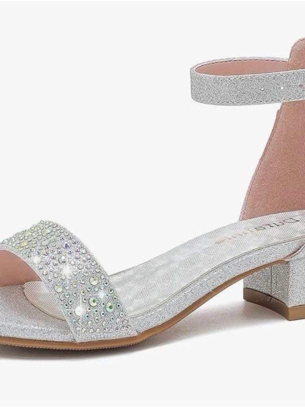 Kids Size 10 DUFFANIE Sparkling Silver Low Block Heel Sandal with Ankle Strap